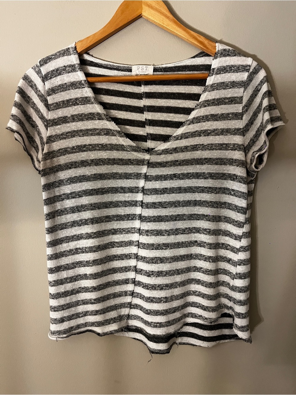 PST Striped V-Neck Short Sleeve Tee in Gray and White